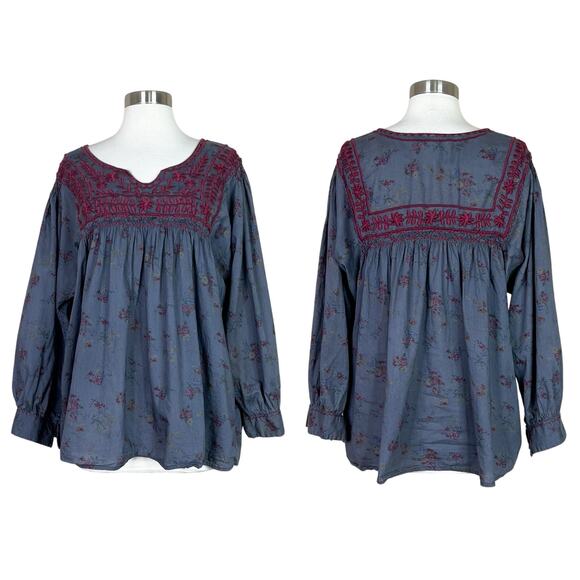 Sister Mary | Embroidered Floral Burgundy Grey Boho Peasant Balloon Sleeve Top - Picture 1 of 10